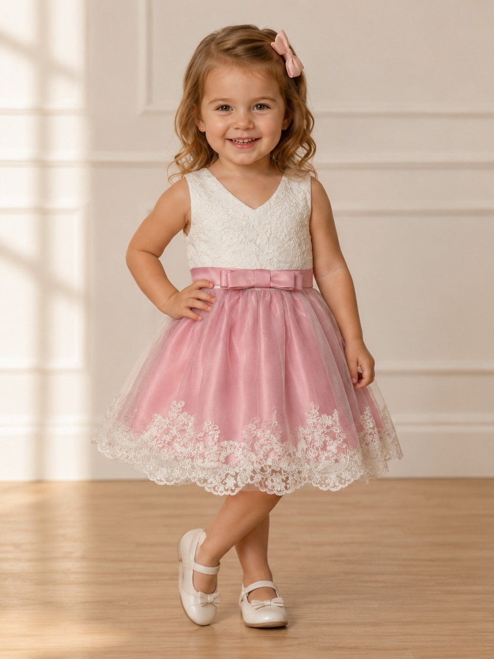 NWOT Pink and White Lace Tulle Dress with Bow